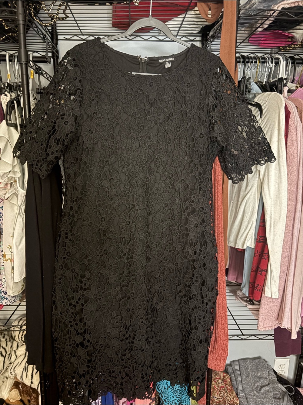 Nina Leonard Black Lace Short Sleeve Dress